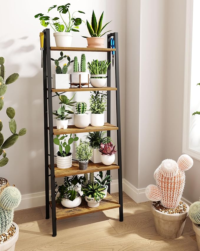 Hzuaneri Ladder Shelf, Bookshelf Bookcase, Freestanding Corner Storage Shelve with 2 Hooks for Home Office, Living Room, Kitc