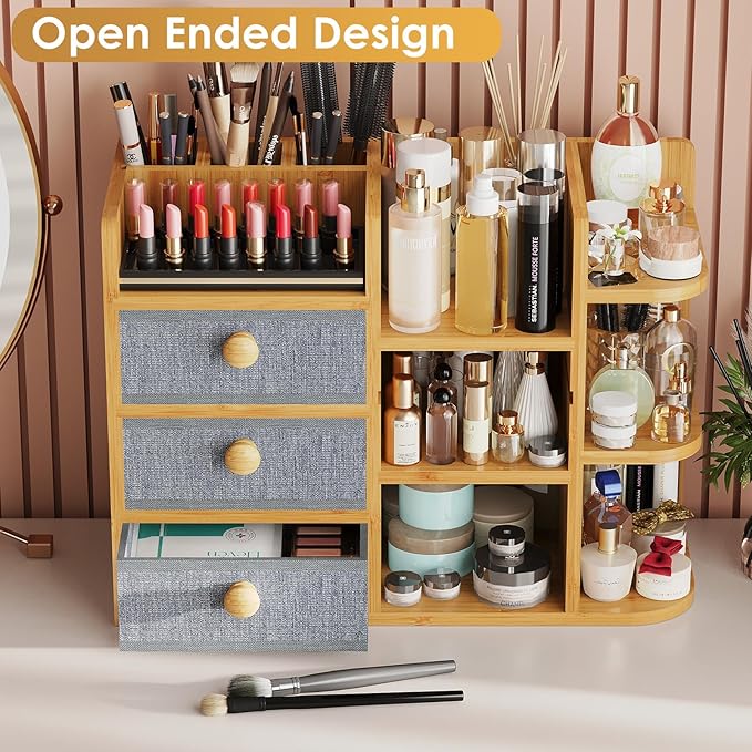 Large Makeup Organizer For Vanity, Large Capacity 3 Tiers Bamboo Bathroom Counter Organizers and Storage, Countertop Makeup B
