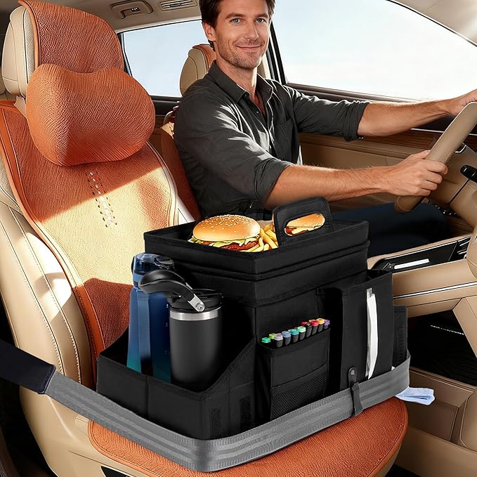 LUVHOMEE Car Organizers and Storage for Backseat & Front Seat - Collapsible Car Caddy w/Headrest Strap, Leakproof Cooler, Lid & Cup Holders | Fits Passenger Seat, Easy-Access Travel Snacks & Drinks