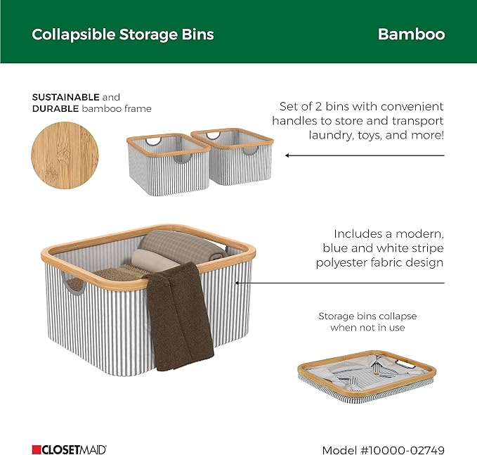 ClosetMaid Laundry Hamper Storage Baskets, Bamboo Frame, Portable, Collapsible Design, Freestanding, Stripe (2-Pack)