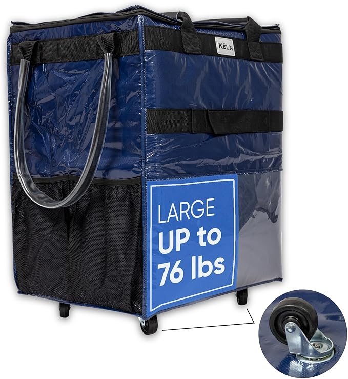 KELN Rolling Tote Bag with Wheels – Heavy Duty Foldable Shopping Bag with Handle – Reusable Grocery Bag on Wheels