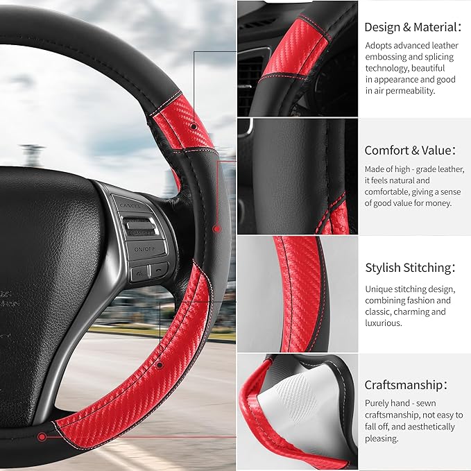 Non-Slip Car Nappa Leather Steering Wheel Cover,Universal Car Accessories Women Men Fit 14" 1/2-15" Suvs/Vans/Sedans/Cars/Tru