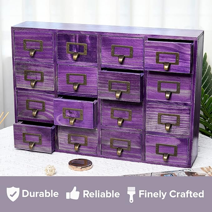 Purple 16-Slot Wooden Drawer Unit - Country Style Desk Organizer Box - 20"x3.6”x14” Wooden Storage Box w/ 16 Drawers - Counte