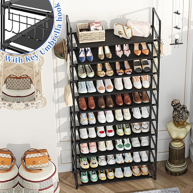 Simple Trending Tall Shoe Rack Storage Holds 40 Pairs, 10 Tier Shoe Organizer Shelf Large Capacity for Entryway Closet, Black