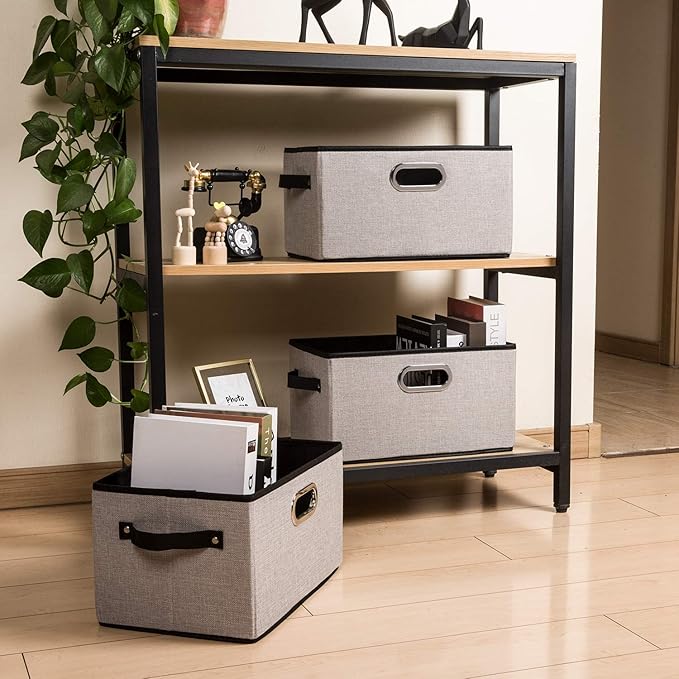 PRANDOM Large Fodable Storage Bins for Closet [3-pack] Decorative Linen Fabric Storage Bins Cubes with Leather/Metal Handles 