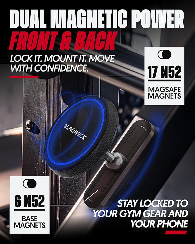 Magnetic Gym Phone Mount for MagSafe Accessories – Dual Magnet Stand for iPhone 17 and Android compatible with MagSafe Phone Stand with Alloy Base – Gym Essentials for Workouts Recording, Home, Garage