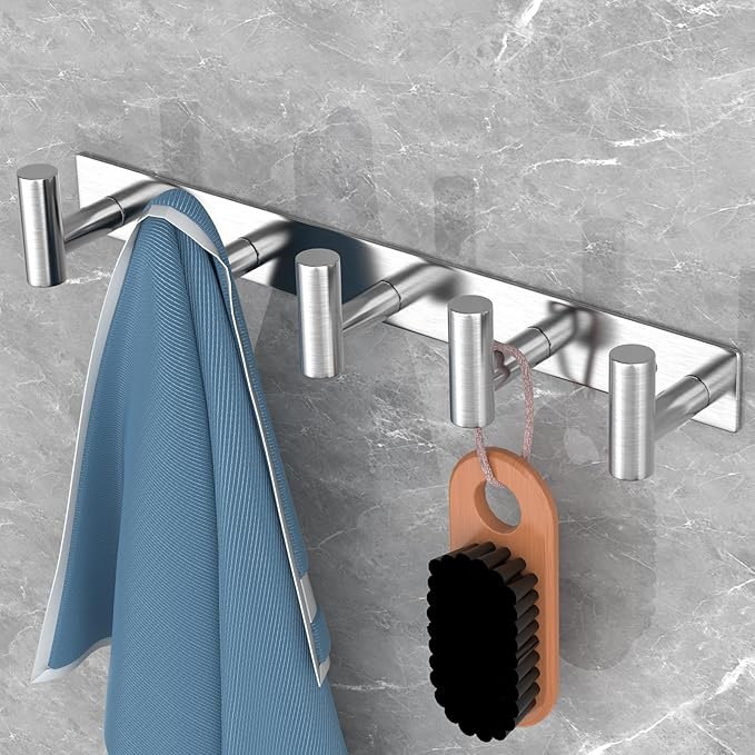 VAEHOLD Silvery Hat and Coat Wall Mount Rack - 5 Hooks for Robes, Bags, Keys, and Towels - Bathroom Towel Hanger Organizer (2