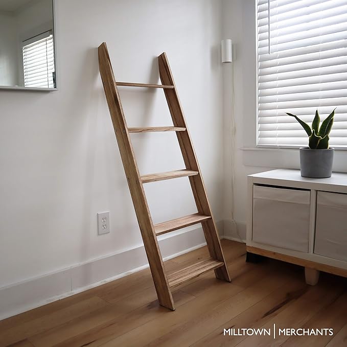 Milltown Merchants Rustic Blanket Ladder - Leaning Towel Rack for Living Room and Bedroom - Wood Holder for Throws (Driftwood