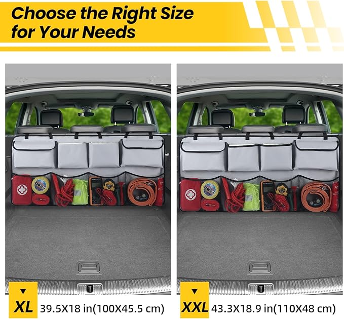 Car Backseat Hanging Trunk Organizer - Gray, 8 Large Storage Bags - Super Capacity Storage Solution for SUVs, Trucks, Vans, and Cars