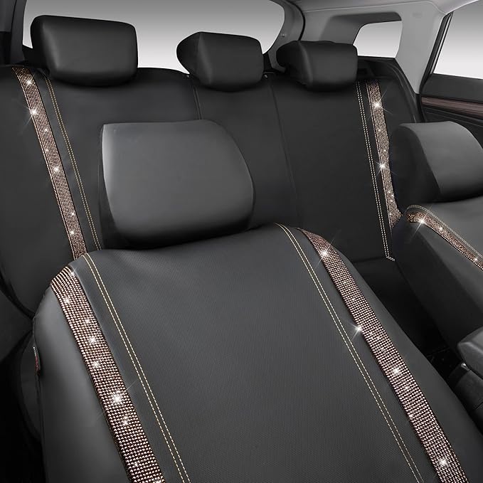 CAR PASS Bling Diamond Car Seat Covers Full Sets, Shining Rhinestone Waterproof Faux Leather, with Zipper, Universal Fit Automotive Glitter Crystal Sparkle Strips Cute Women Girl, Champagne Gold