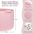 MEGASKET 115L Oversized Pink Basket, 23.6"x15.7" Woven Cotton Rope Bin with Handles, XXXL Blanket Storage for Living Room, Ki