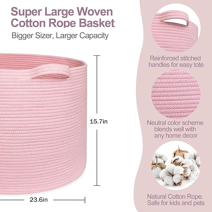 MEGASKET 115L Oversized Pink Basket, 23.6"x15.7" Woven Cotton Rope Bin with Handles, XXXL Blanket Storage for Living Room, Ki