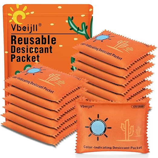120 Gram (15 Pack) Color-Indicating Desiccant Packs for Storage, Rechargeable Silica Gel Packets, Moisture Absorbers for Gun