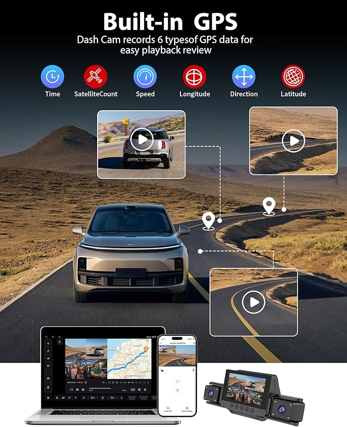 4 Channel Dash Cam 360 View for All-Round Protection, 4-Way Front Rear Inside Recording, Built-in 5G WiFi & GPS, APP Control,