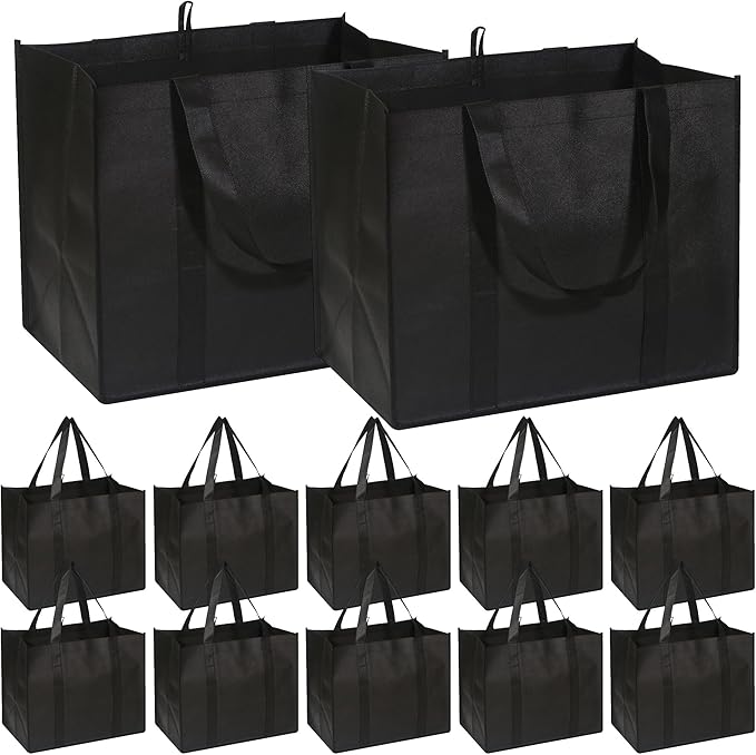 DIOMMELL 12 Pack Reusable Grocery Bags Large Foldable Heavy Duty Shopping Tote Produce Bag with Reinforced Handles for Groceries Clothes Vegetables Fruit, Black