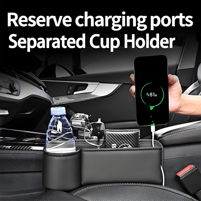 Car Seat Gap Filler Organizer, Universal Premium Leather Seat Organizer with Cup Holder, Seat Gap Storage Box with Bottle Holder, Car Gap Bag Front Center Console Seat (Driver+Passenger 2 Pack)