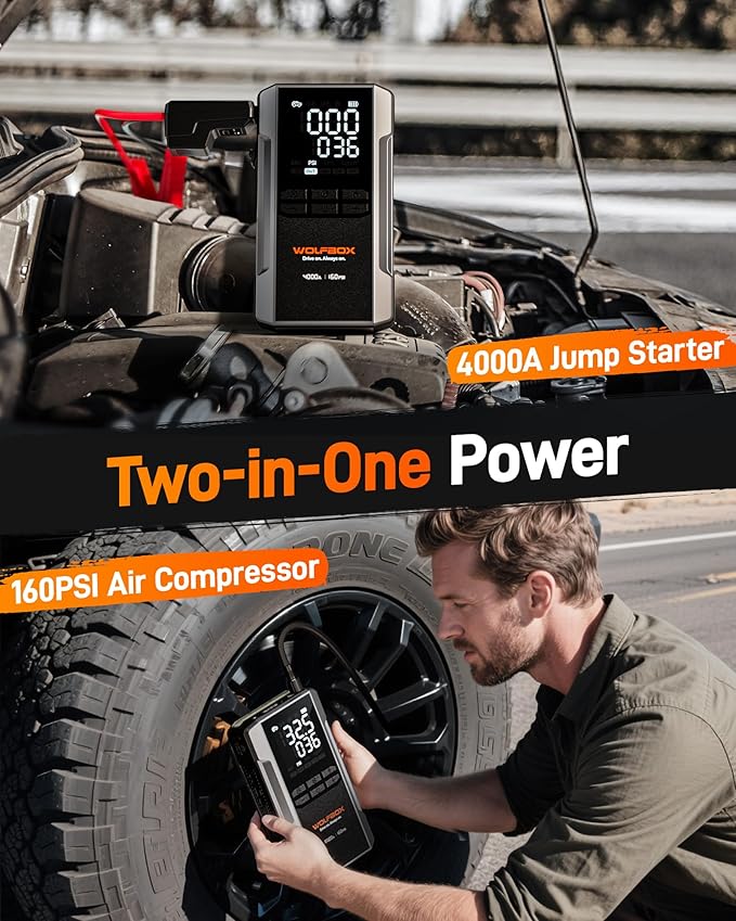 WOLFBOX 4000A Jump Starter with 160PSI Air Compressor, 12V Car Battery Booster, 65W Fast Charge, 88.8Wh Portable Tire