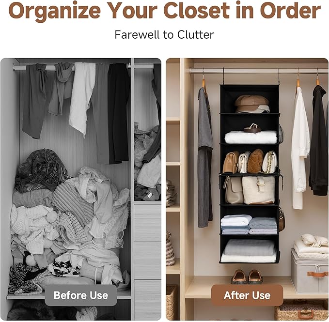 StorageWorks Hanging Closet Organizer 6-Shelf, Jumbo Separable Two 3 Shelf Closet Storage Organizer with Side Pockets, Portab