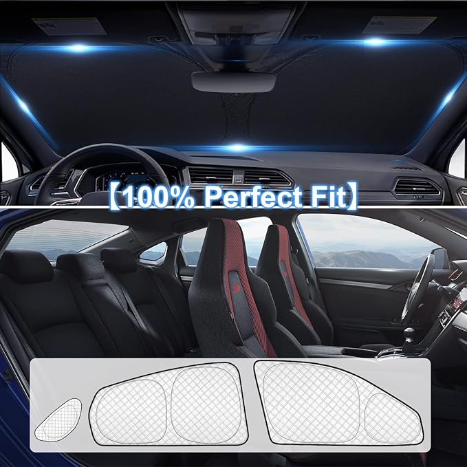 KMF 8pcs Thicken Full Sun Shades for Honda Civic Sedan 2016-2021(Not Hatchback) Accessories, Car Window Covers Sunshade for Windshield Side Rear, UV Block and Blackout Privacy for Camping Outdoor