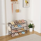 VILICK 3 Tier Shoe Rack 33" Wide Metal Shoe Organizer Long Shoe Storage with 4 Side Hooks Sturdy Shoes Shelf for Front Door E
