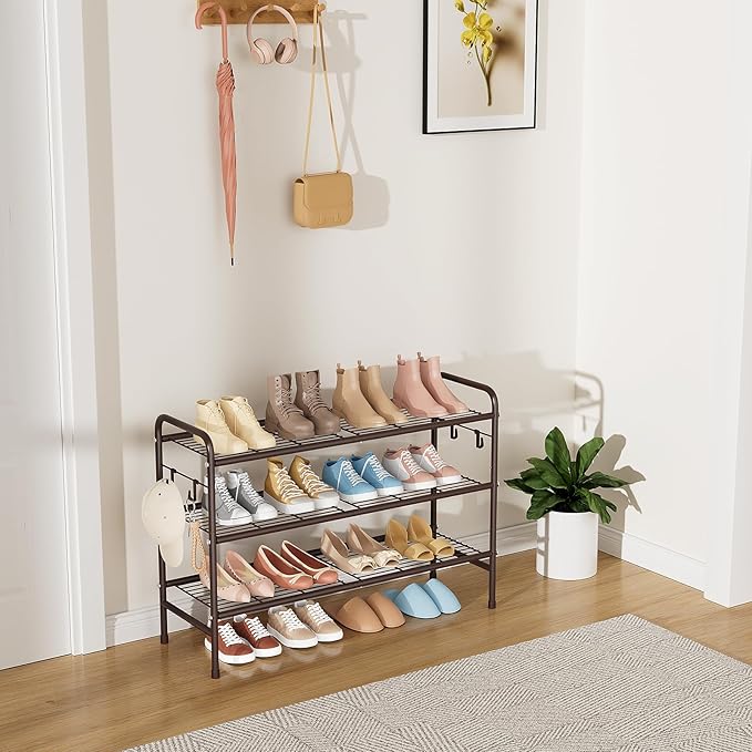 VILICK 3 Tier Shoe Rack 33" Wide Metal Shoe Organizer Long Shoe Storage with 4 Side Hooks Sturdy Shoes Shelf for Front Door E