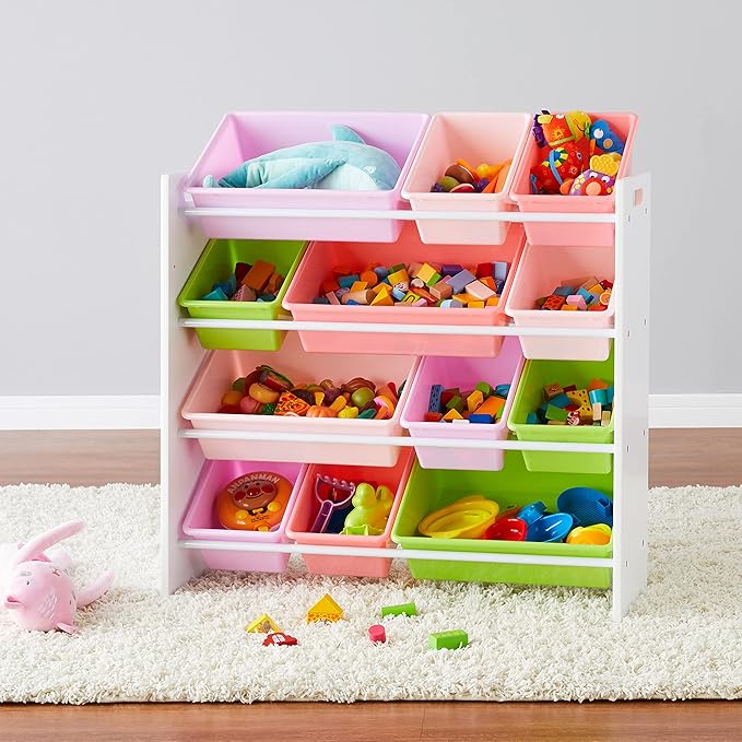 Amazon Basics Kids Toy Storage Organizer with 12 Plastic Bins, White Wood with Pink Bins, for Bedroom and Playroom, 10.9" D x