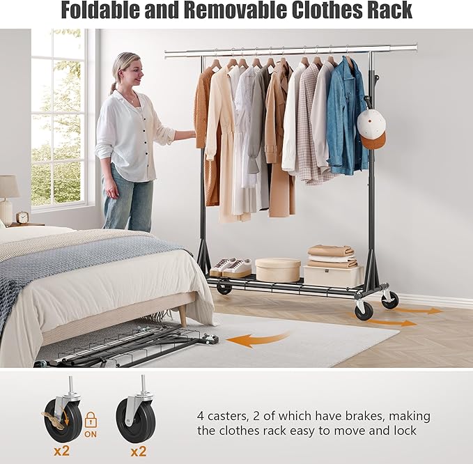 Gewudraw Garment Rack Load 530lbs,Heavy Duty Rolling Clothes Rack With Sturdy Wheel And Shelves, Adjustable Portable Hanging 