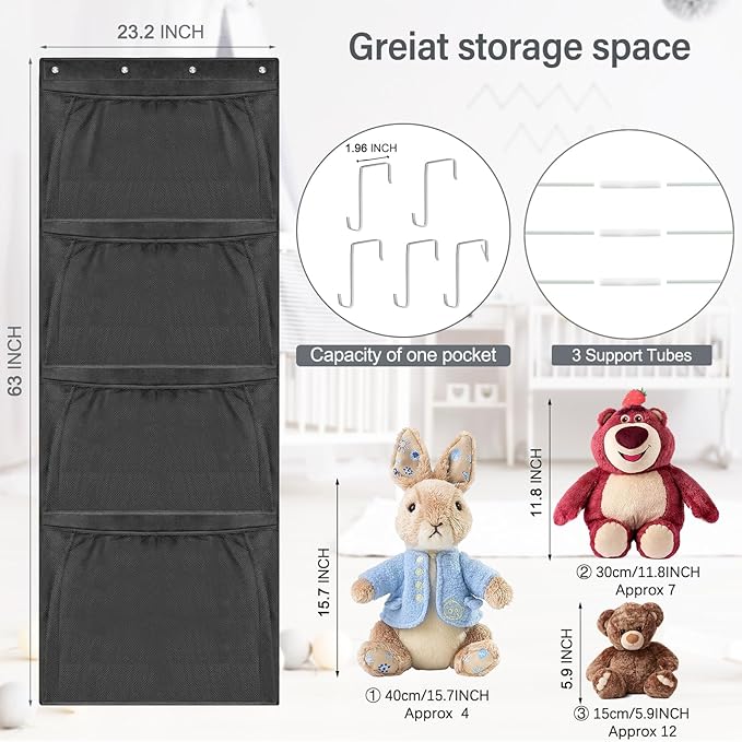 Woodoulogy Hanging Stuffed Animal Storage, Over Door Large Plush Toy Organizer with Metal Hook, Baby Accessory Holder Idea fo