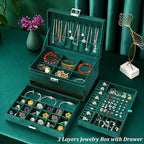 QBestry Jewelry Box for Women with Drawer, 3-Layer Large Jewelry Organizer with Lock & Key, 8 Necklace Hooks & 56 Earring Hol