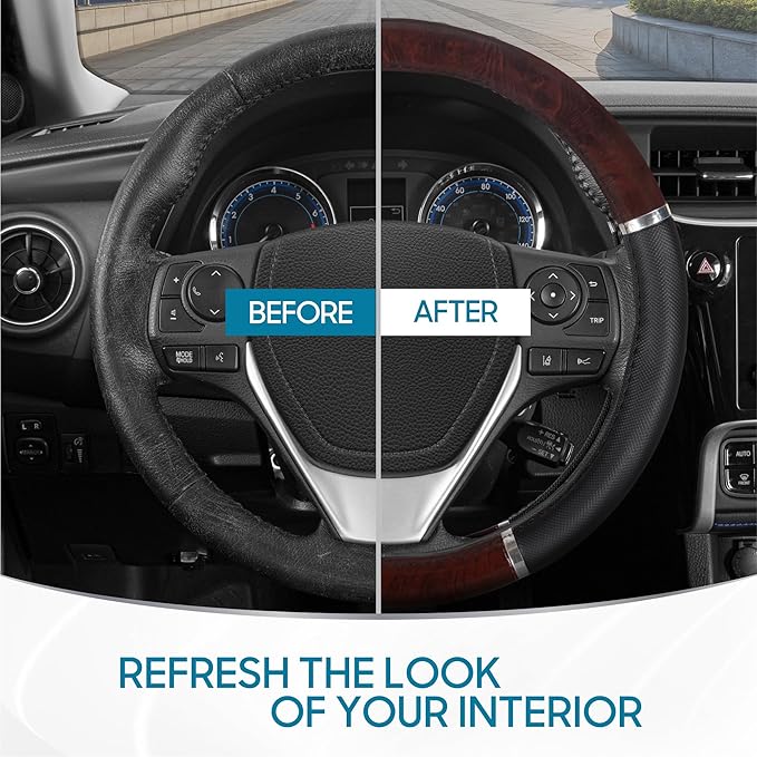 BDK Dark Wood Grain Car Steering Wheel Cover, Standard 15 inch with Black Faux Leather Grip, Made to Fit Most Auto Truck Van 