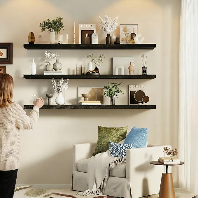 IEO Long Wooden Floating Shelves for Room Wall, Natural Wood Floating Shelves Wall Mounted Kitchen Shelf for Living Room, Bed