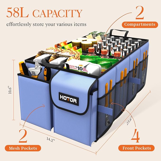 HOTOR Foldable Trunk Organizer - SUV & Sedan Compatible, 2 Compartments, Blue, 23.6x14.2x10.6 Sturdy Car Organization