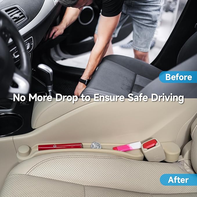 Car Seat Gap Filler Set of 2, 3IN1 Seat Side Gap Filler Plug with Storage Slot & Hook Function, Soft Foam Universal Fit Car SUV Truck Fill Gap Between Seats Console Organizer（Narrow Beige）