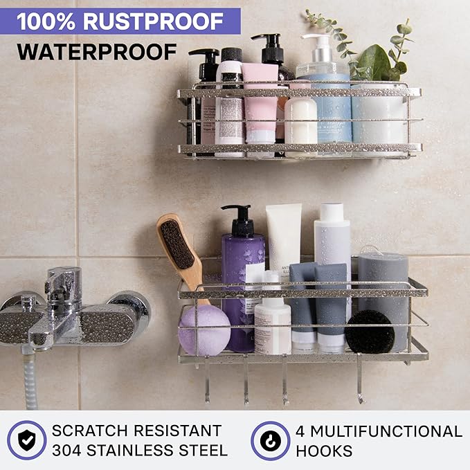 KINCMAX Shower Shelves 2-Pack - Self Adhesive Caddy with 4 Hooks - No Drill Large Capacity Stainless Steel Wall Shelf - Aesth