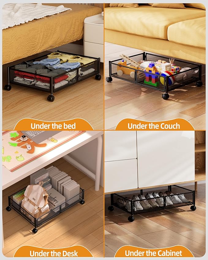 Under Bed Organizer, Storage Bins Under Bed, 60L Underbed Storage Bins for Bedroom Clothes Shoes Blankets (Black, 2 Pack)