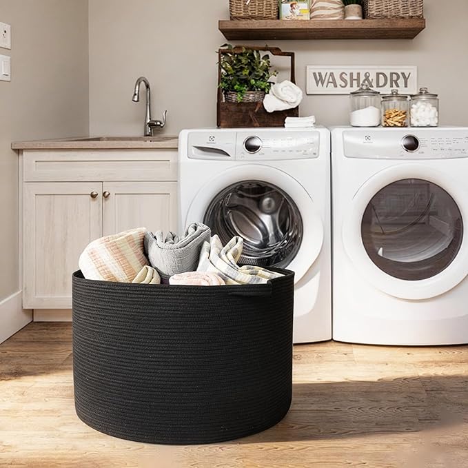 MEGASKET Large Black Blanket Basket, 22" X 22" X 14" Woven Rope Bin for Storage, Kids Dog Toy Storage Box Organizer Bins, Bla