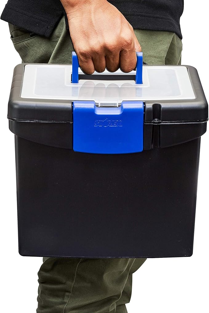 Storex Portable File Box, with Lockable XL Supply Storage Lid and Carry Handle, Black/Blue, 10.9 x 11 x 13.25 Inches, 2-Pack 