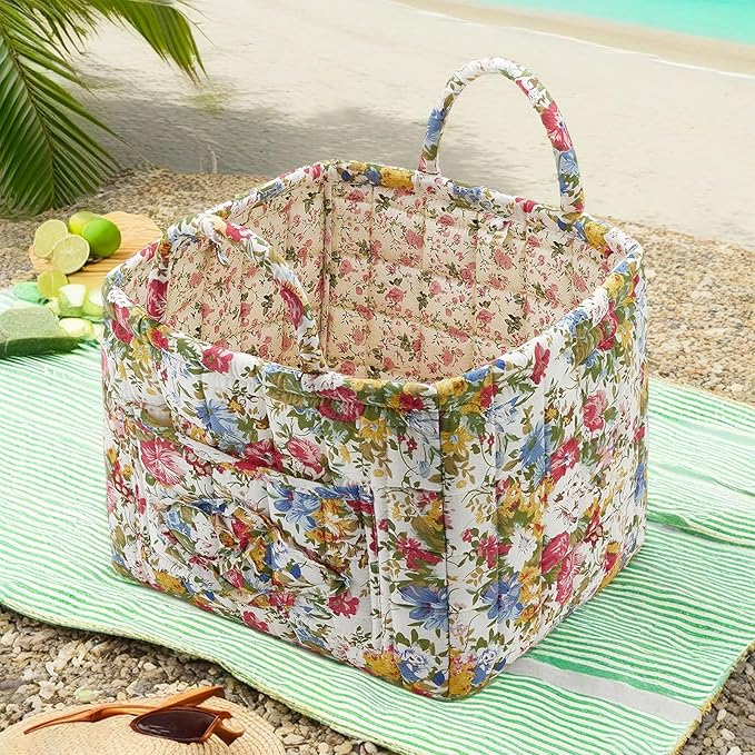 Boho Fabric Storage Basket, Large Capacity Laundry Basket, 12.2'' x 10.23'' x 10.23'' Collapsible Laundry Hamper with Easy Ca