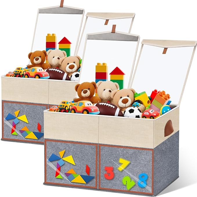 2 Pack Large Toy Storage Box with Clear Lids Collapsible Toy Organizer Chest with Adjustable Dividers Kids Storage Bin Basket
