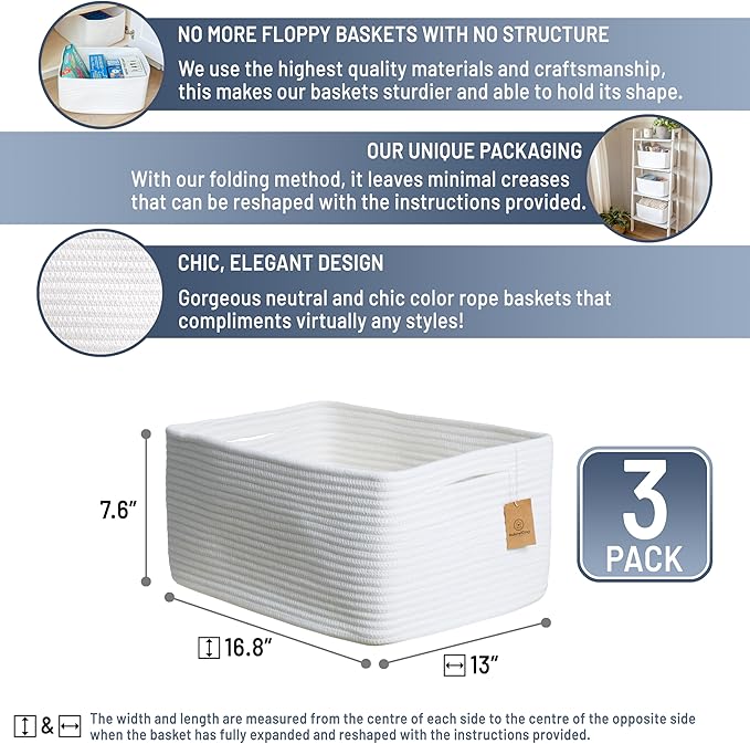 NaturalCozy Storage Baskets 16.8”x13”x7.6” Cotton Rope Woven Baskets for Organizing 3-Pack | Toy Storage Bins | Basket for Sh