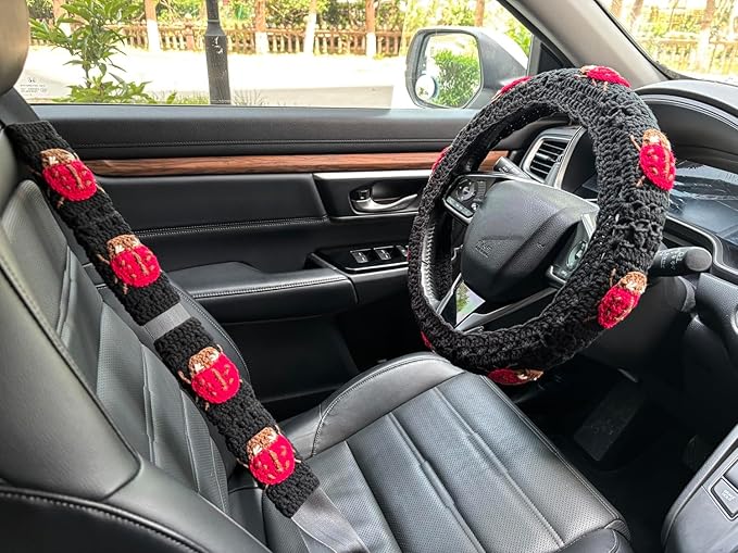 Crochet Ladybug Steering Wheel Cover Universal 14-15 inch (D,Wheel Cover+2 Belt Cover)