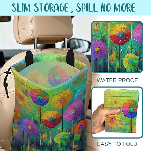 Car Garbage Bag Abstract Colorful Flowers Hanging Canvas Car Trash Bag Drawstring Car Back Seat Organizer for Car Back Front Seat Console with Adjustable Buckle