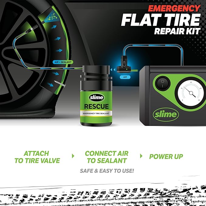 Slime 50138 Flat Tire Puncture Repair, Smart Spair Plus, Emergency Kit for Car Tires, Includes Sealant and Tire Inflator Pump