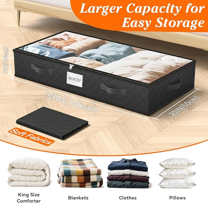 SpaceWhisper 90L Under Bed Storage Containers, 6-Pack Storage Bins with Clear Top, Foldable Closet Organizers and Storage wit