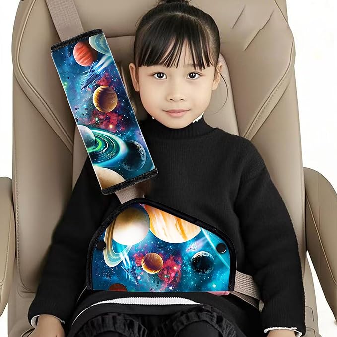 Kid's Shoulder & Belly Protective Padding - Soft Breathable Hypoallergenic Straps Cushion Cover for Booster Seat, Strollers, and High Chairs, Universe