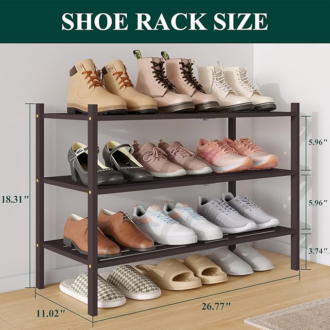 Smiry Bamboo Shoe Rack 3-Tier, Stackable Wooden Shoe Organizer for Entryway & Closet, Free Standing Wood Shoe Storage Shelf f