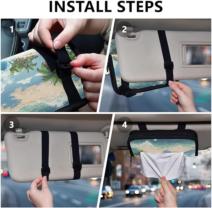 Car Tissue Holder Car Visor Organizer Tissue Box Holder for Car Sun Visor Organizer with Car Vehicle Accessories Essentials Interior for Women Men Blue Wave Palm Beach Cloud