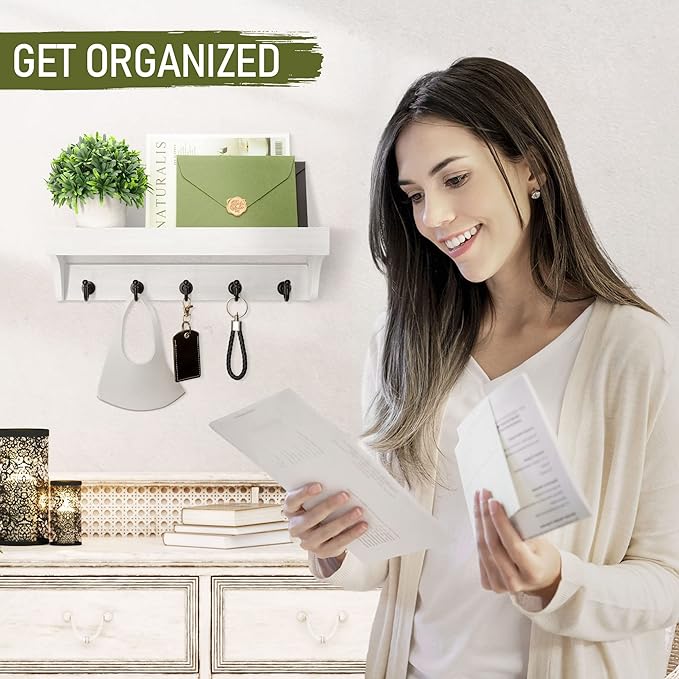 Rebee Vision Key and Mail Holder for Wall with Floating Shelf : Decorative Hanging Organizer with 5 Sturdy Keys Hooks and Wal