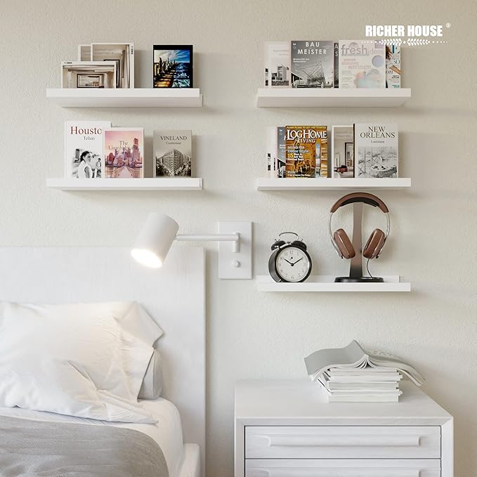 RICHER HOUSE 5 Set White Floating Shelves, Wall Mounted Shelves for Wall Decor, Modern Picture Ledge Shelf with Lip for Stora