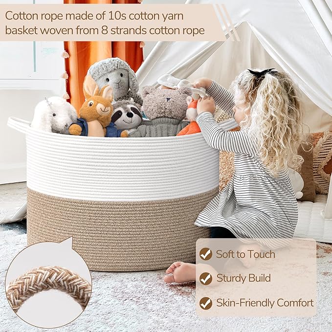INDRESSME 115L Extra Large Blanket Basket, Soft Cotton Rope Storage Baskets for Organizing Living Room Décor Toy Storage for 